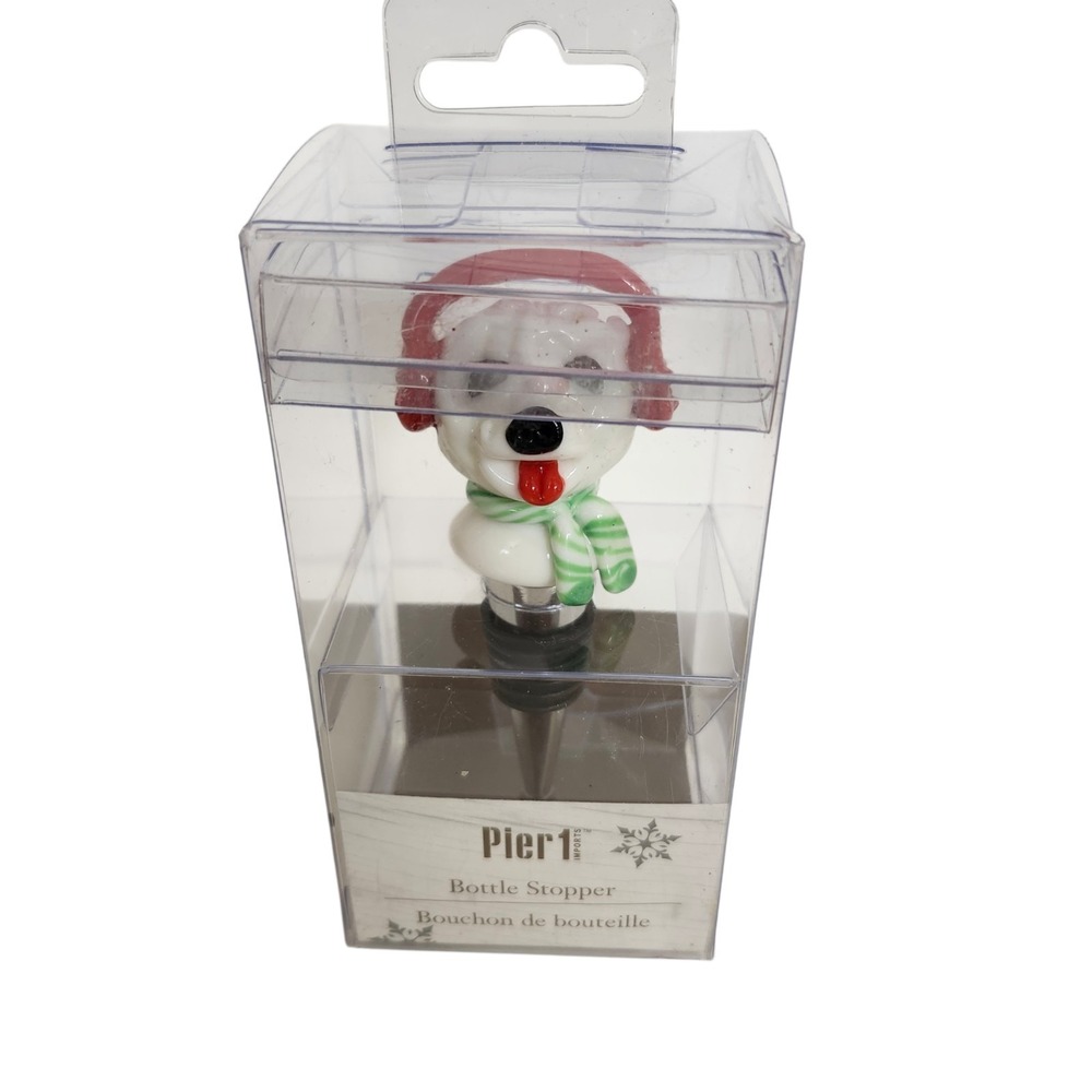 PIER 1 IMPORTS‎ Wine Bottle Stopper Art Glass Dog In Ear Muffs Christmas NIB